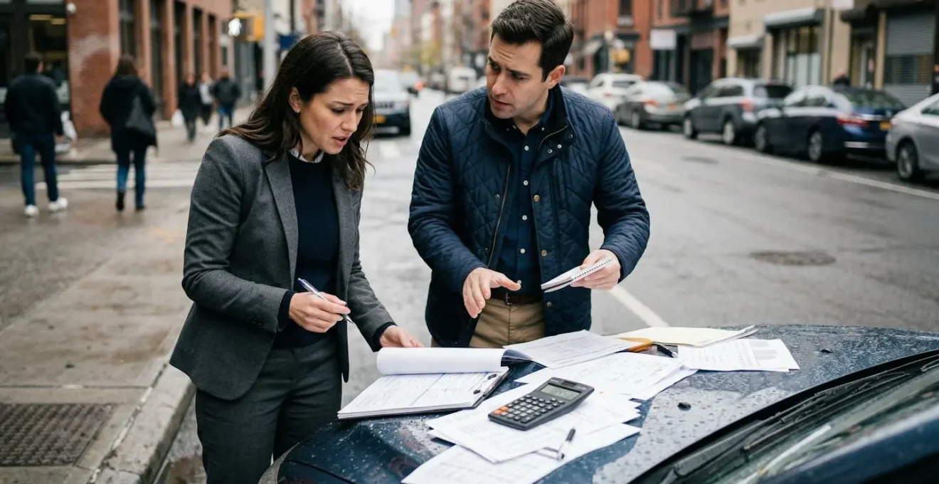 Conducteurs échangeant un constat après un accident, calculatrice et documents d'assurance visibles