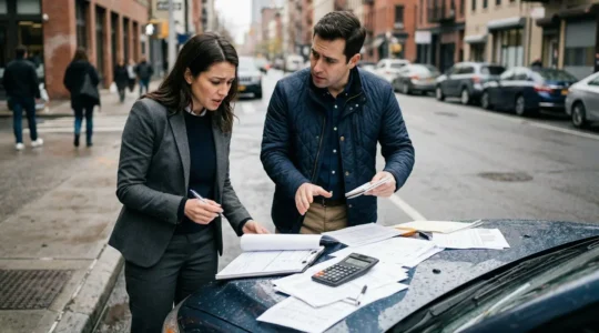 Conducteurs échangeant un constat après un accident, calculatrice et documents d'assurance visibles