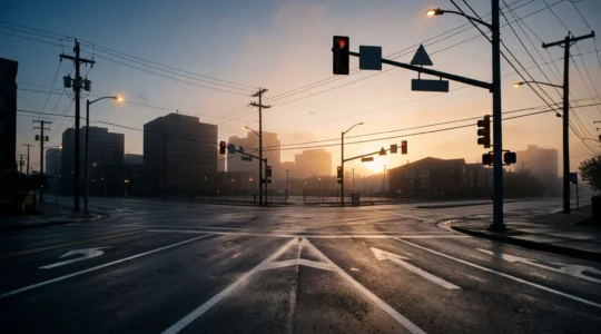 Carrefour routier urbain au petit matin avec signalisation et véhicules flous en arrière-plan