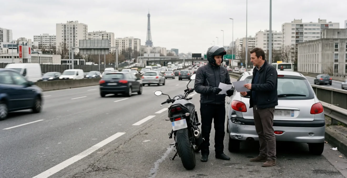 Scène d'accident entre une moto et une voiture sur le périphérique parisien avec motard et automobiliste échangeant un constat