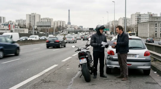Scène d'accident entre une moto et une voiture sur le périphérique parisien avec motard et automobiliste échangeant un constat
