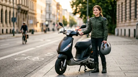 Adolescent avec casque de scooter dans un environnement urbain sécurisé