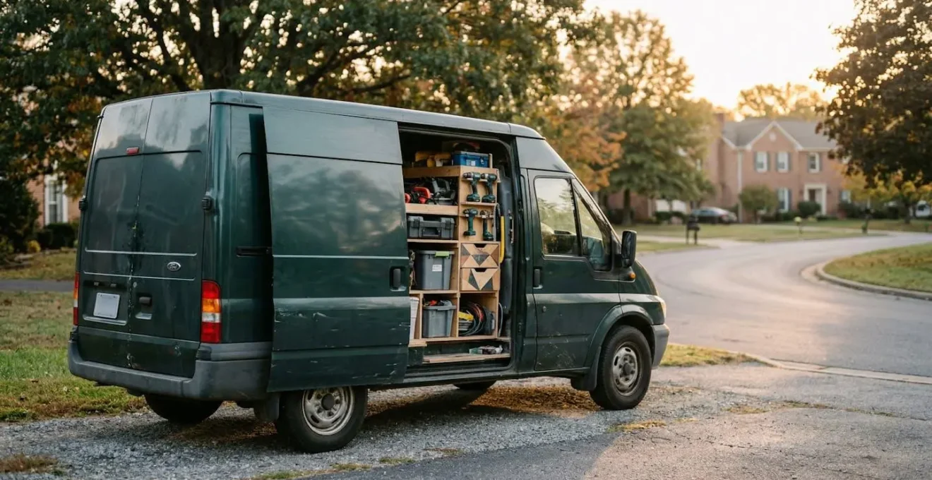 Vue latérale d'un fourgon utilitaire professionnel avec des outils organisés à l'intérieur