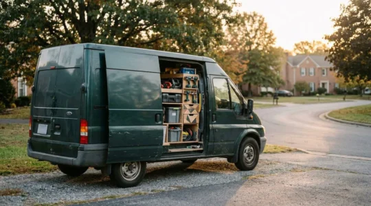 Vue latérale d'un fourgon utilitaire professionnel avec des outils organisés à l'intérieur