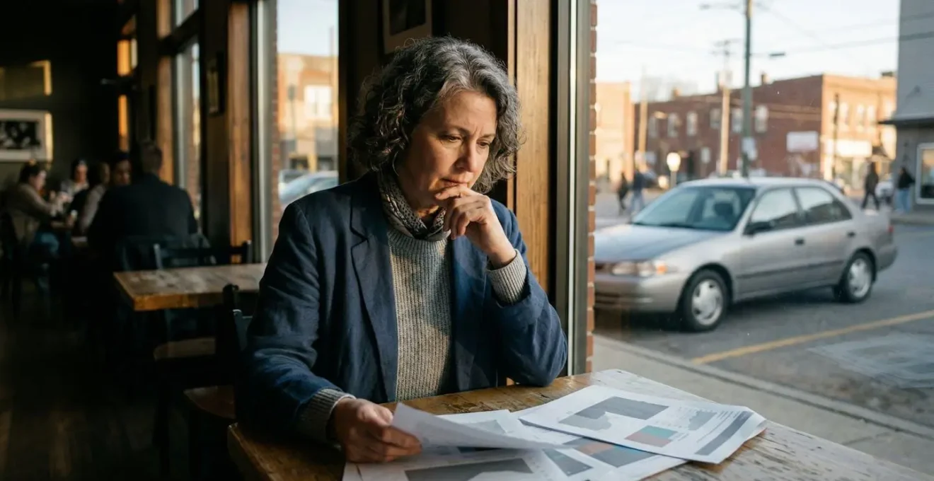 Conducteur analysant des documents d'assurance auto devant un véhicule stationné dans un environnement urbain contemporain