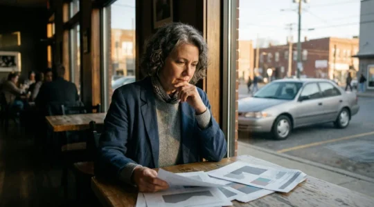 Conducteur analysant des documents d'assurance auto devant un véhicule stationné dans un environnement urbain contemporain