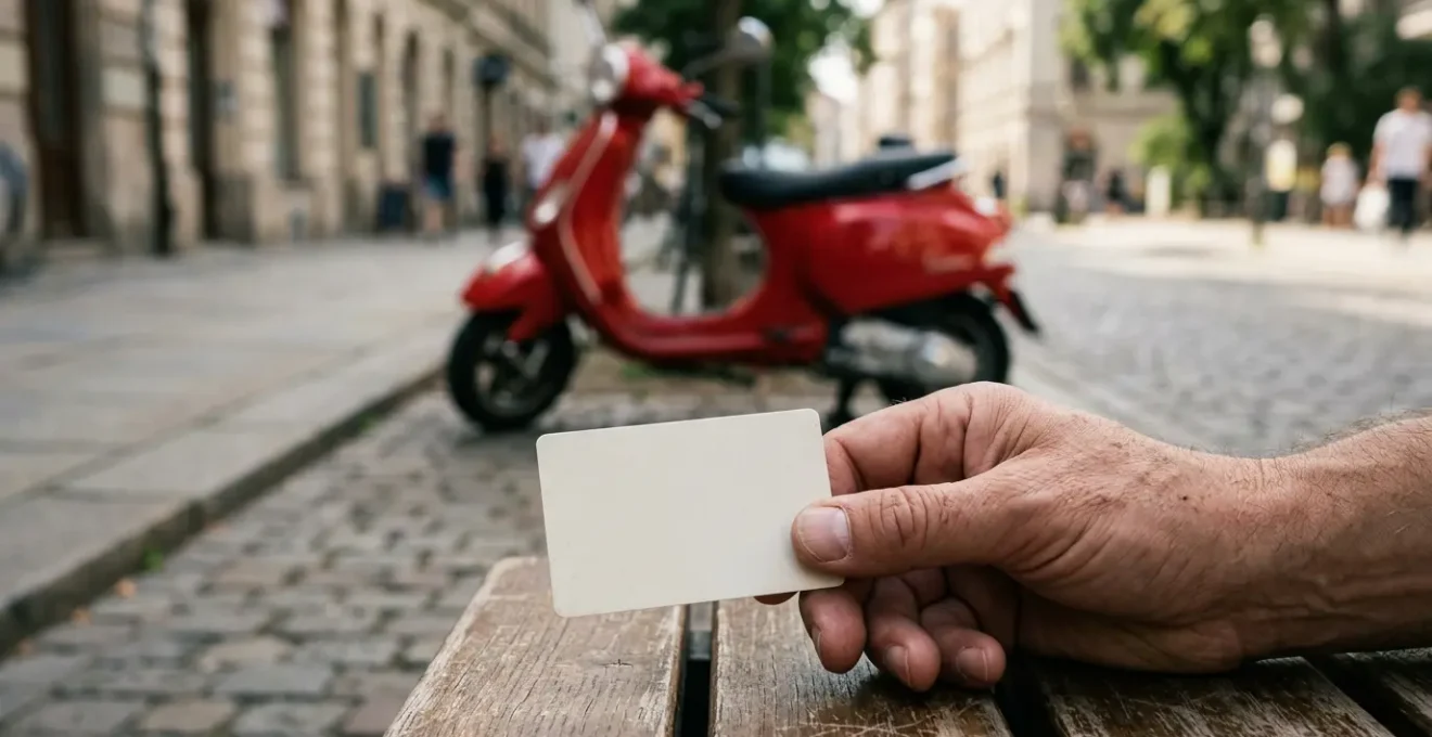 Vue plongeante d'une main tenant une carte d'attestation de formation 125cc devant un scooter rouge en arrière-plan