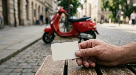 Vue plongeante d'une main tenant une carte d'attestation de formation 125cc devant un scooter rouge en arrière-plan