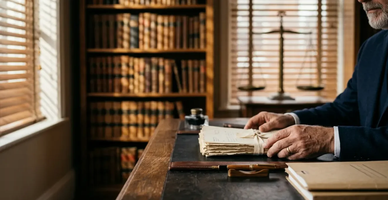 Avocat en costume analysant des documents juridiques dans son bureau avec une balance de justice