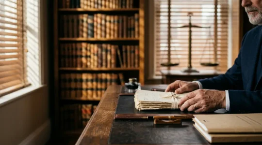 Avocat en costume analysant des documents juridiques dans son bureau avec une balance de justice