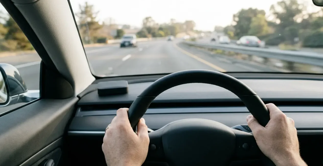 Conducteur au volant avec boîtier connecté discret fixé au pare-brise