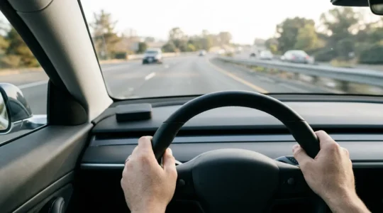 Conducteur au volant avec boîtier connecté discret fixé au pare-brise