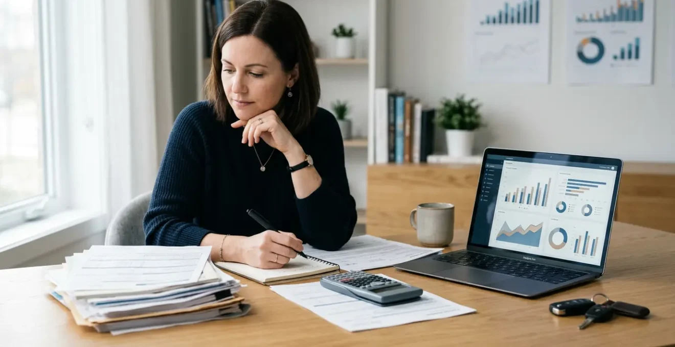 Conducteur analysant des documents d'assurance et calculatrice sur un bureau moderne