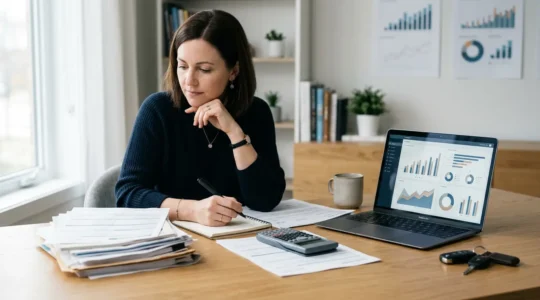 Conducteur analysant des documents d'assurance et calculatrice sur un bureau moderne