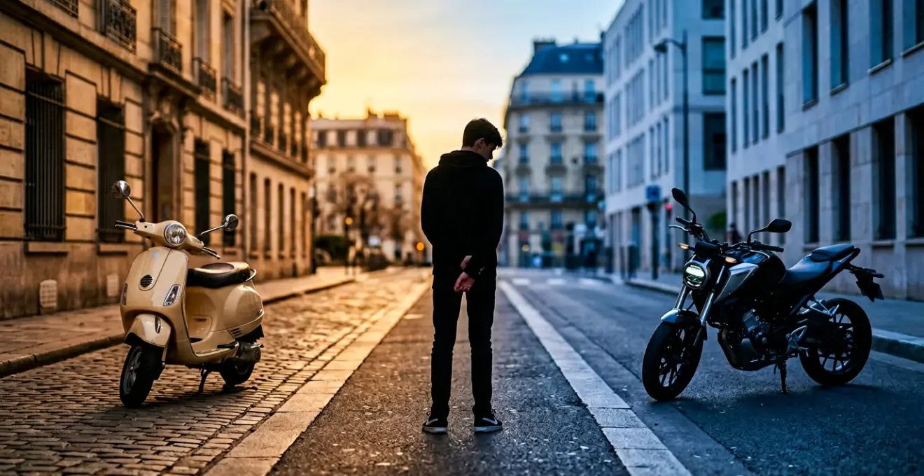 Jeune conducteur hésitant entre un scooter 50cc et une moto 125cc devant une auto-école