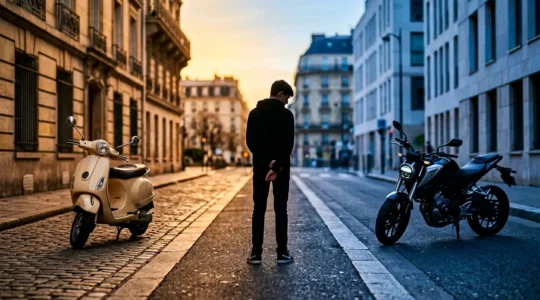 Jeune conducteur hésitant entre un scooter 50cc et une moto 125cc devant une auto-école
