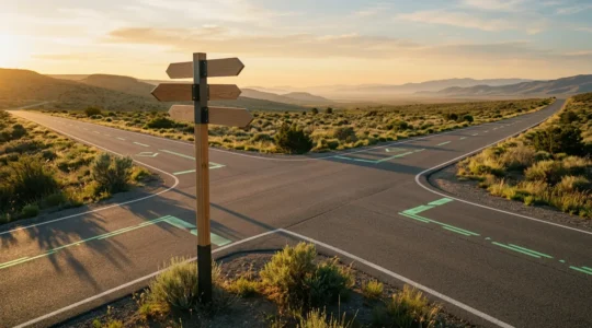 Carrefour routier avec panneaux directionnels montrant différents choix d'assurance pour véhicules électriques et hybrides