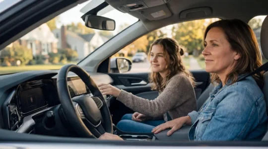Apprentissage de la conduite accompagnée entre un jeune et ses parents dans une voiture moderne