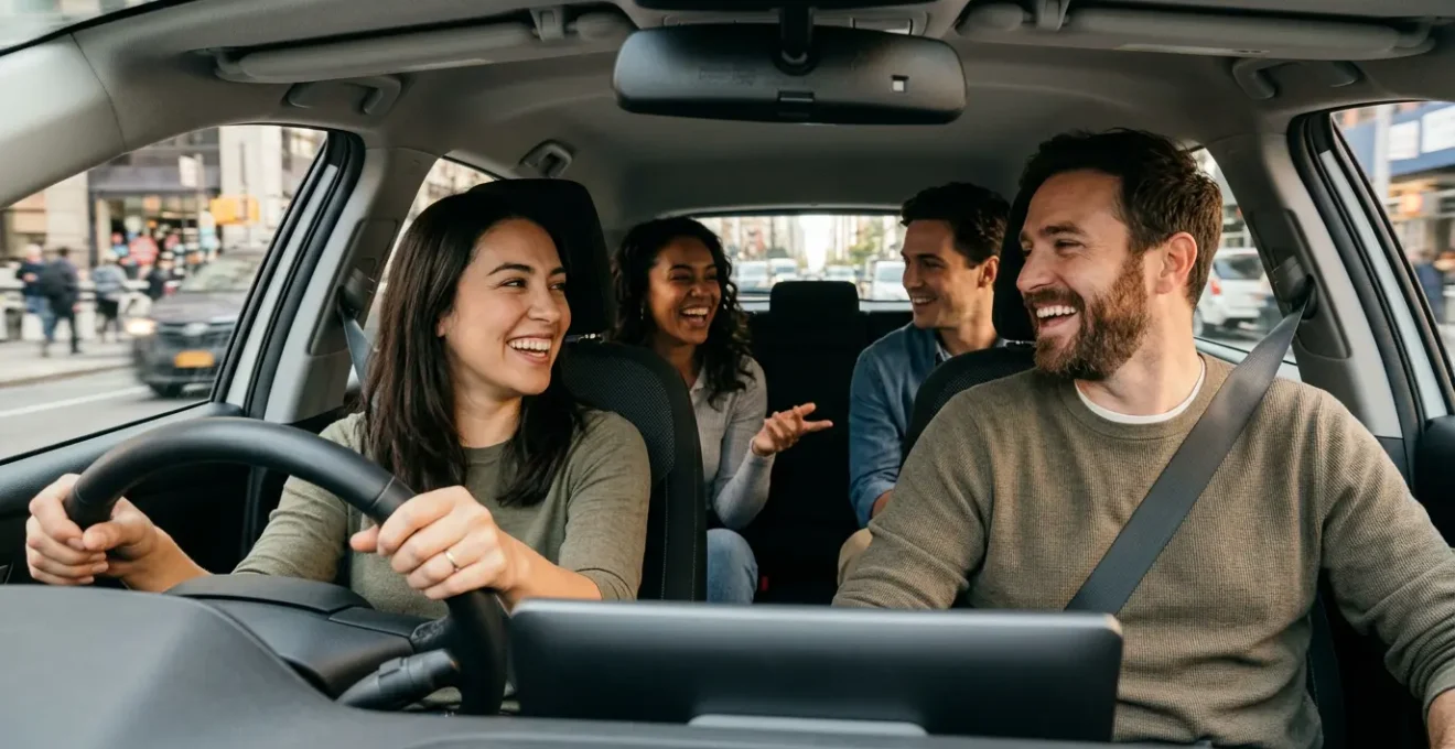Scène de covoiturage avec plusieurs passagers dans un véhicule moderne en milieu urbain