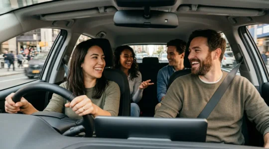 Scène de covoiturage avec plusieurs passagers dans un véhicule moderne en milieu urbain