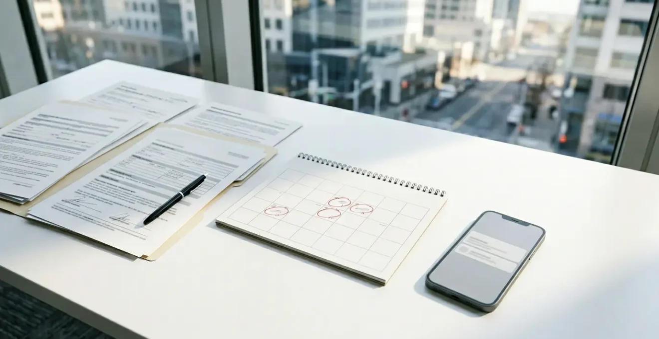 Bureau moderne avec documents d'assurance et calendrier mettant en évidence les délais de déclaration