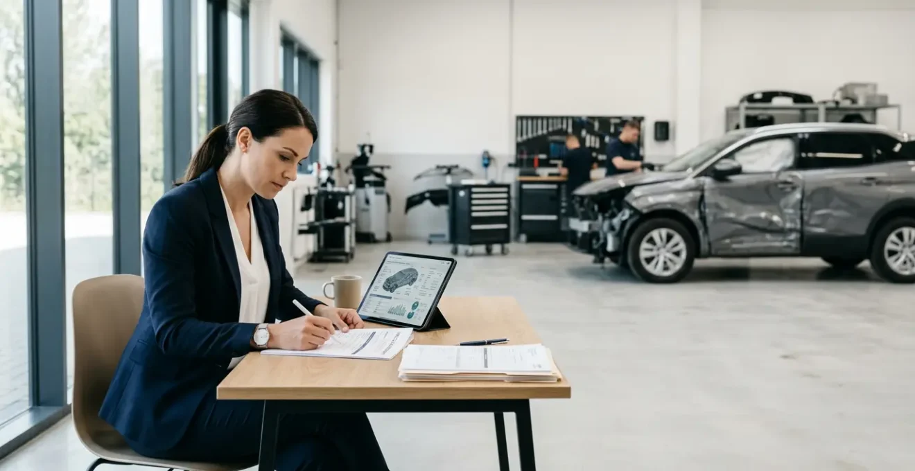 Expert automobile analysant un rapport d'expertise dans un garage avec un véhicule accidenté en arrière-plan