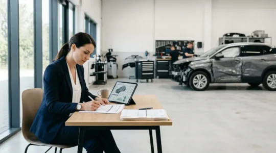 Expert automobile analysant un rapport d'expertise dans un garage avec un véhicule accidenté en arrière-plan