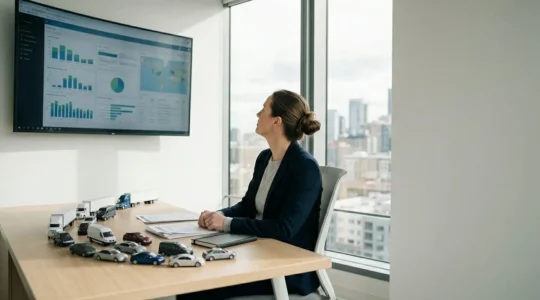 Gestionnaire de flotte analysant les données de véhicules professionnels dans un bureau moderne avec tableaux de bord