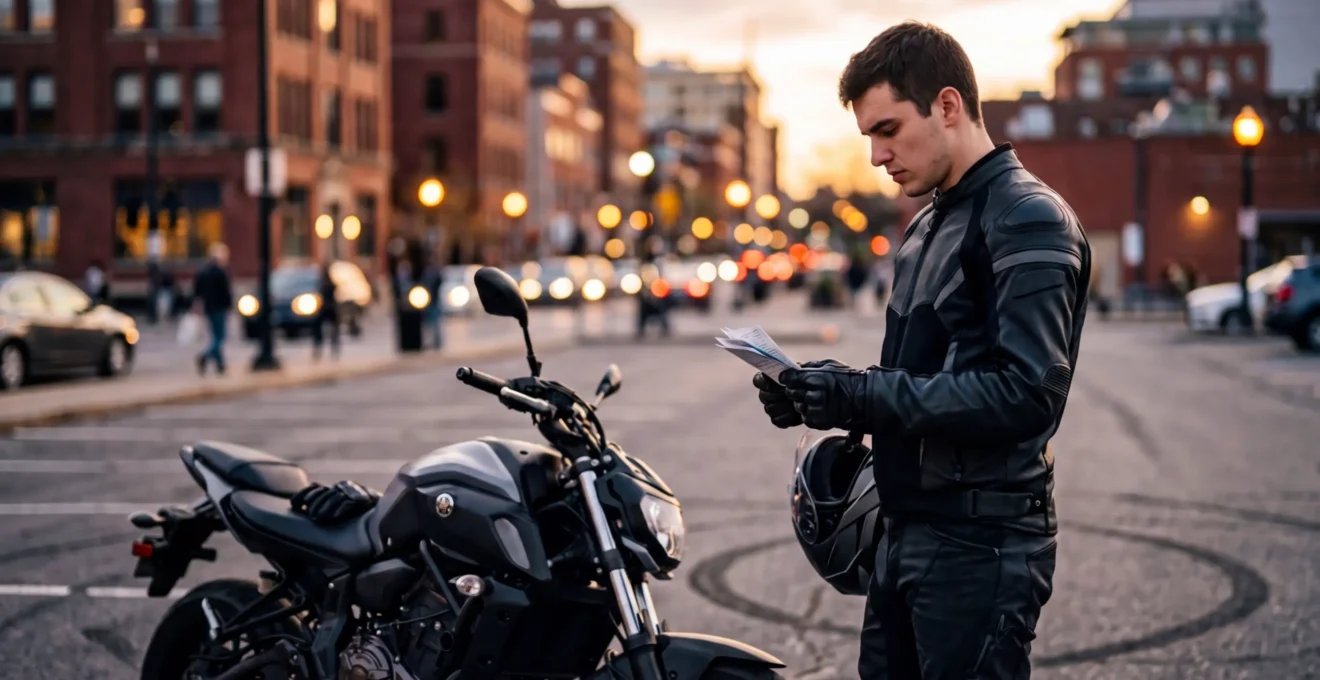 Jeune motard avec sa première moto A2, réfléchissant aux questions d'assurance