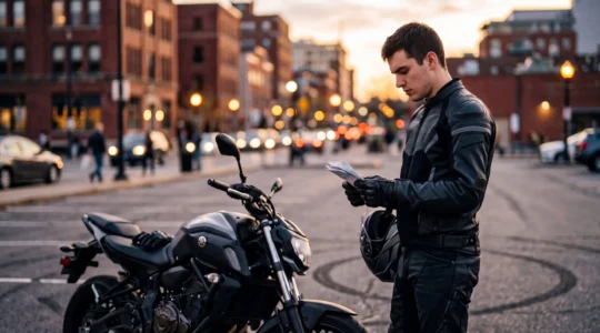 Jeune motard avec sa première moto A2, réfléchissant aux questions d'assurance