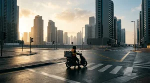 Livreur urbain sur scooter avec sac de livraison dans les rues animées de la ville