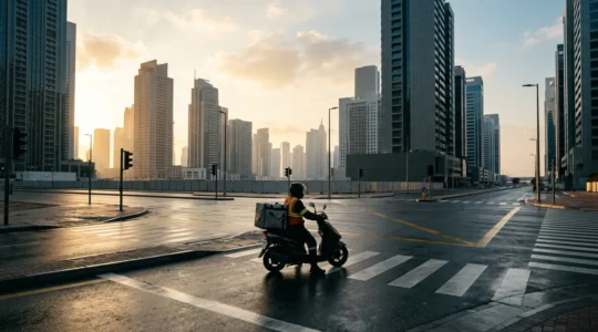 Livreur urbain sur scooter avec sac de livraison dans les rues animées de la ville