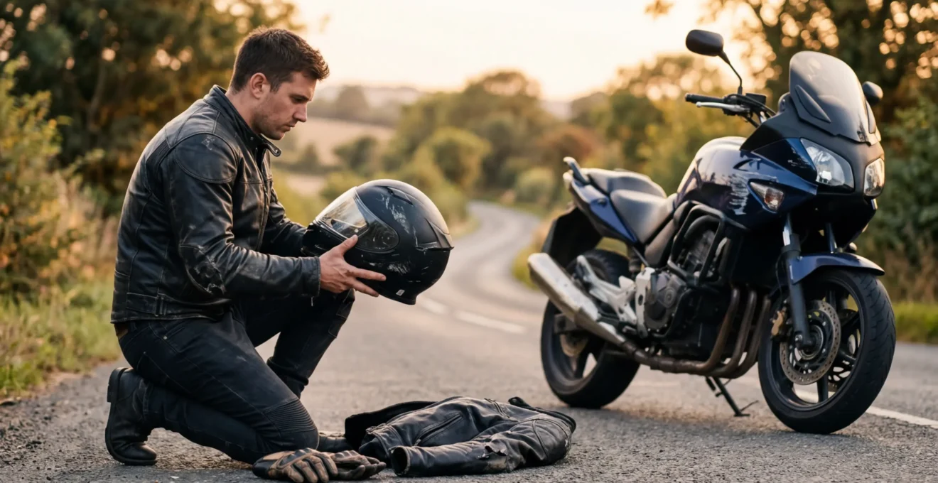 Motard examinant son équipement de protection après une chute de moto