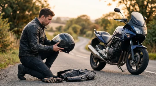 Motard examinant son équipement de protection après une chute de moto