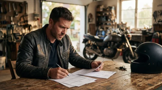 Motard examinant des documents d'assurance et carte grise avec sa moto en arrière-plan