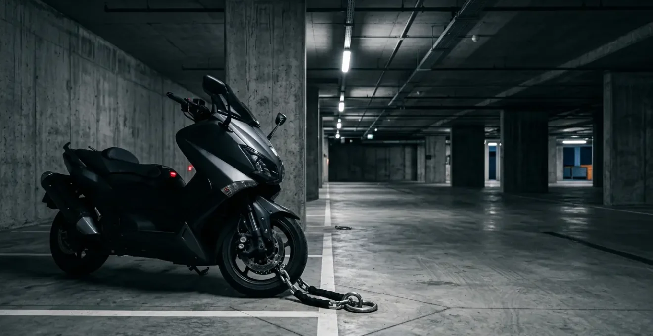 Un scooter T-Max sécurisé dans un garage urbain avec systèmes de protection visibles