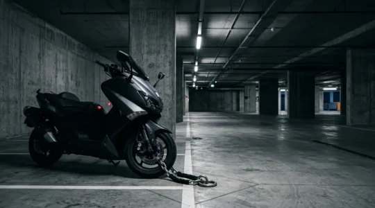 Un scooter T-Max sécurisé dans un garage urbain avec systèmes de protection visibles