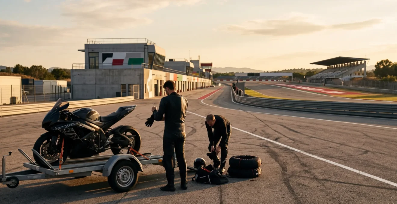 Vue d'un paddock de circuit avec des motos de route et des pilotes en préparation