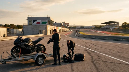 Vue d'un paddock de circuit avec des motos de route et des pilotes en préparation