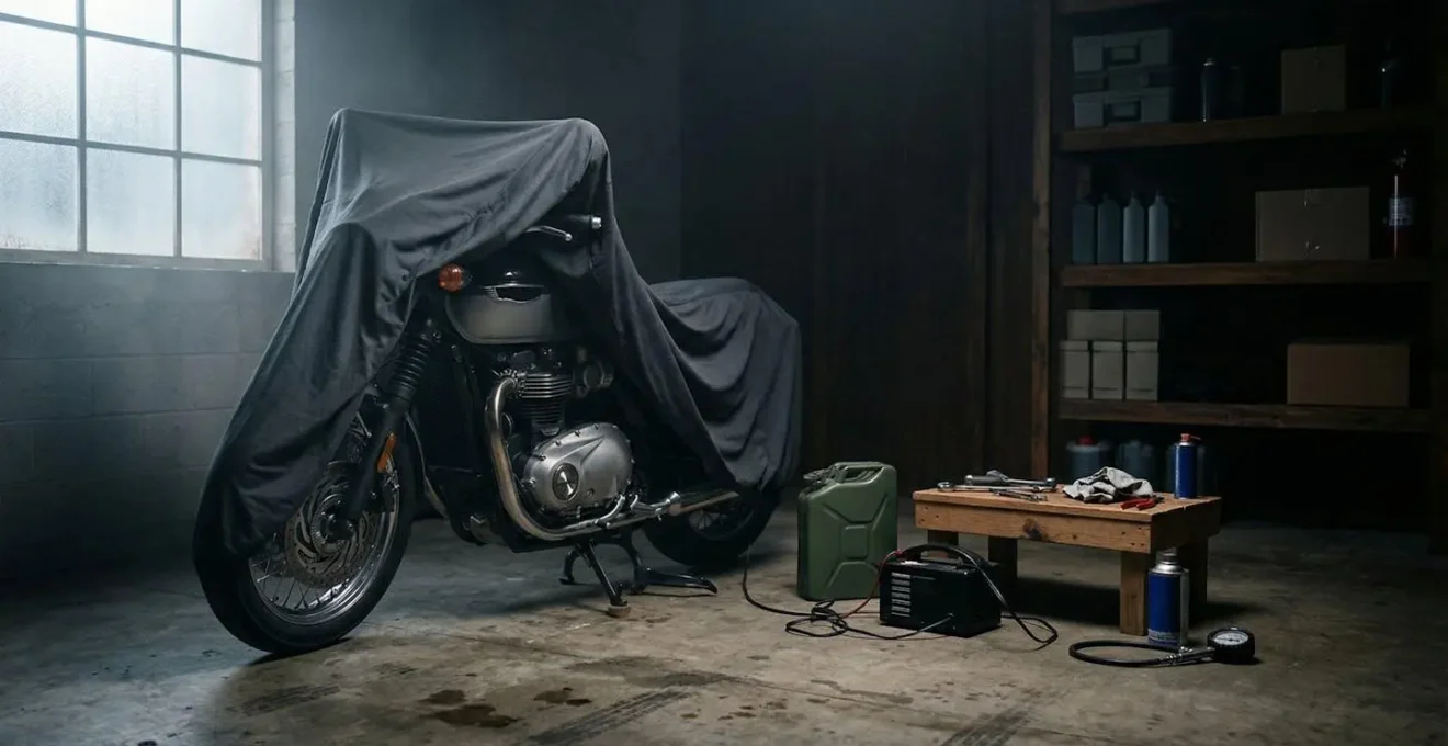 Moto couverte dans un garage avec éléments d'hivernage et documents d'assurance