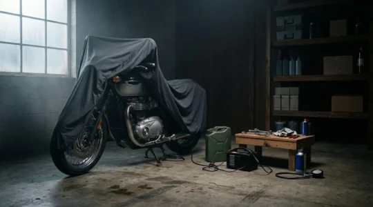 Moto couverte dans un garage avec éléments d'hivernage et documents d'assurance