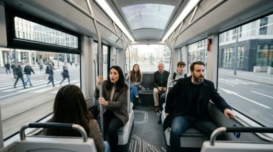 Vue intérieure d'une navette autonome avec passagers regardant par la fenêtre lors d'un freinage dans un environnement urbain moderne