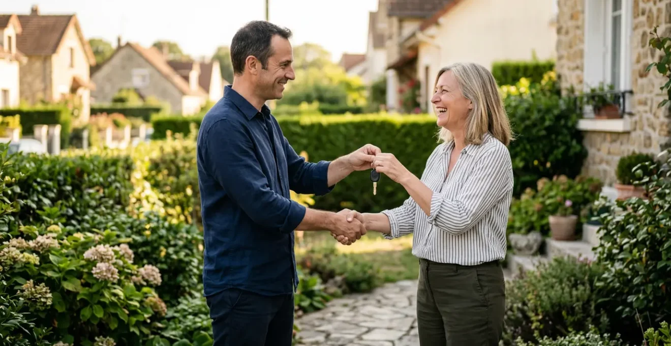Deux voisins échangent des clés de voiture dans un jardin résidentiel français
