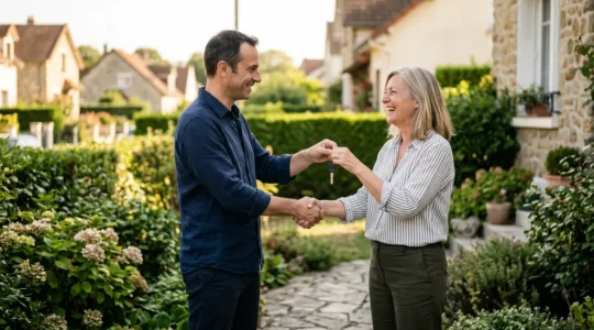 Deux voisins échangent des clés de voiture dans un jardin résidentiel français