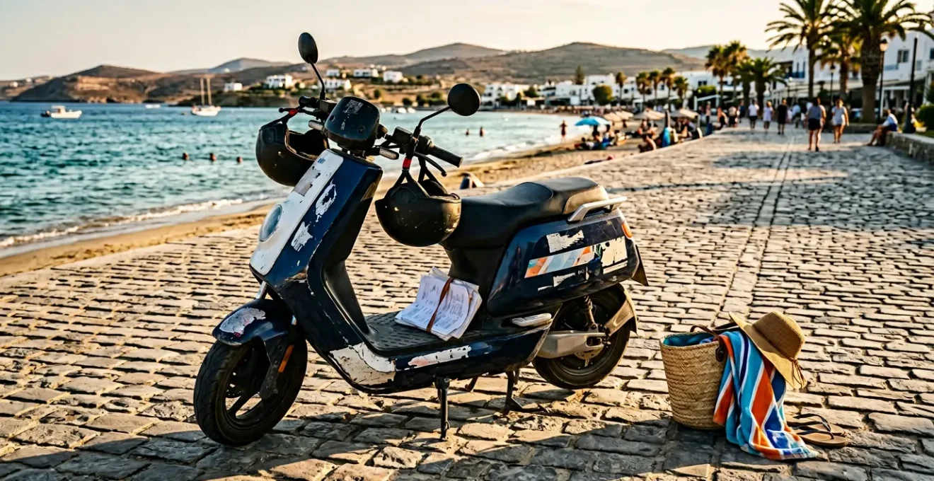 Scooter de location près d'une plage estivale avec casques et documents administratifs
