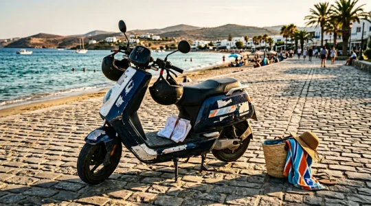 Scooter de location près d'une plage estivale avec casques et documents administratifs