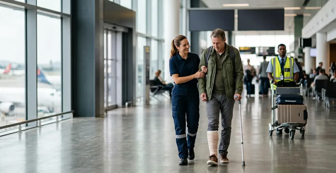 Voyageur accompagné par personnel médical dans un aéroport international