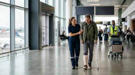 Voyageur accompagné par personnel médical dans un aéroport international