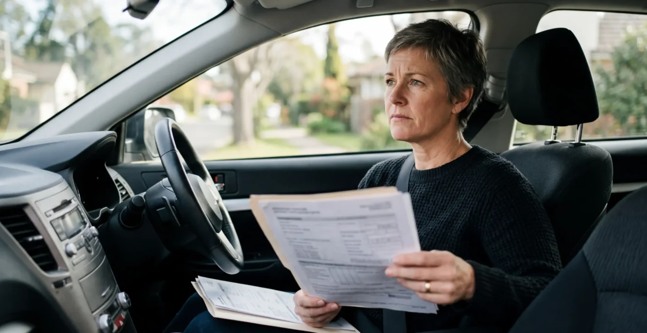 Conducteur examinant des documents d'assurance automobile dans un véhicule moderne