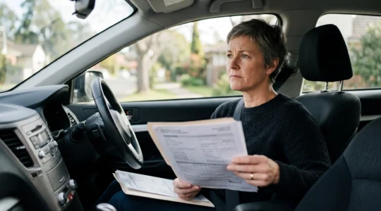 Conducteur examinant des documents d'assurance automobile dans un véhicule moderne